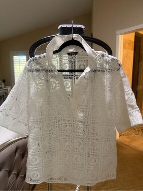 Massimo Dutti White Lace Button-Down Shirt & Layered Mini Skirt Set